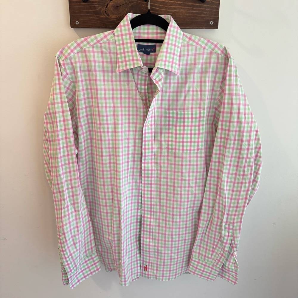Johnnie-O Pink‎ Green Plaid Button Up Shirt Large